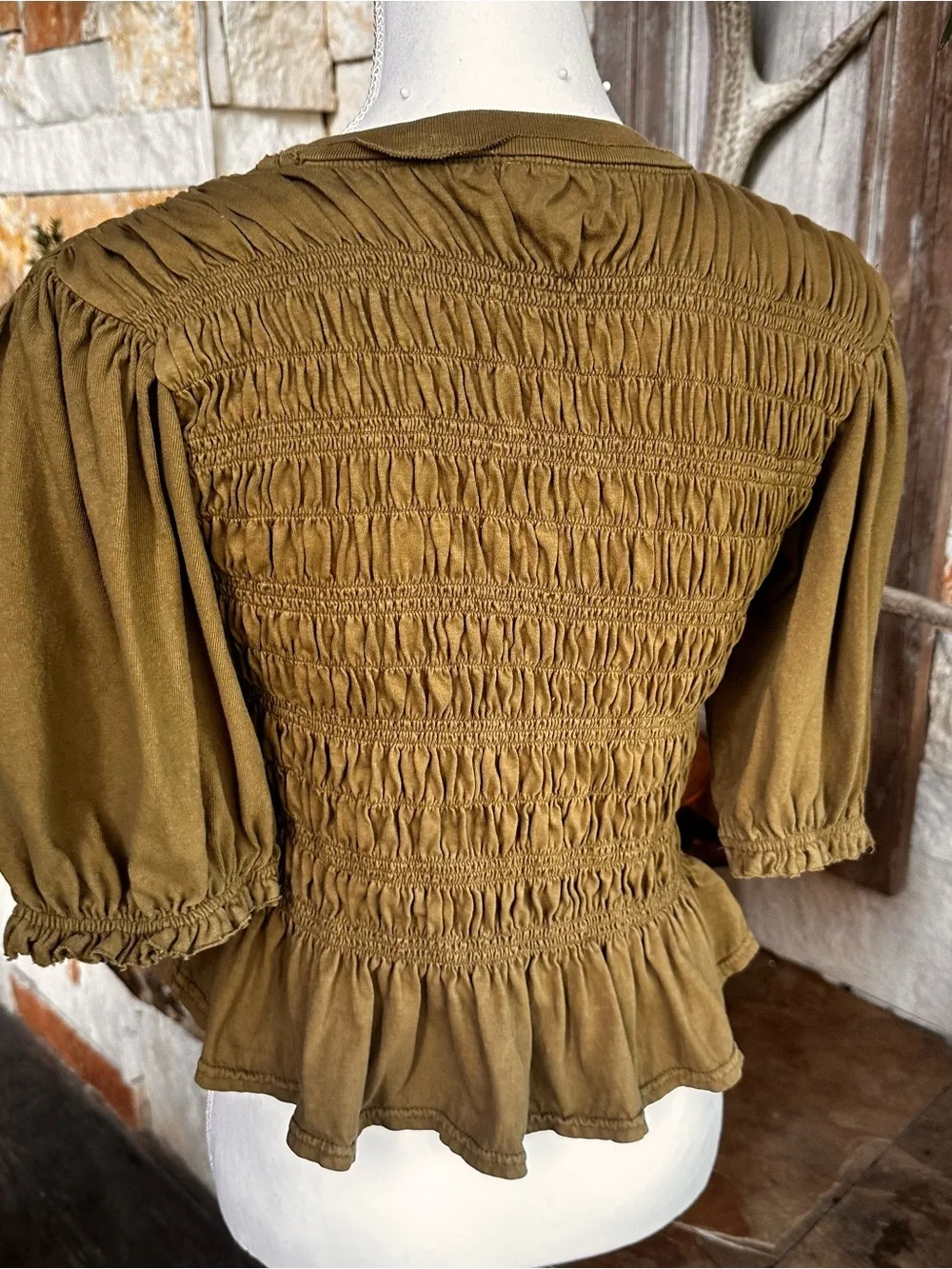 Free People Olive Smocked Long Sleeve Peasant Top Dress